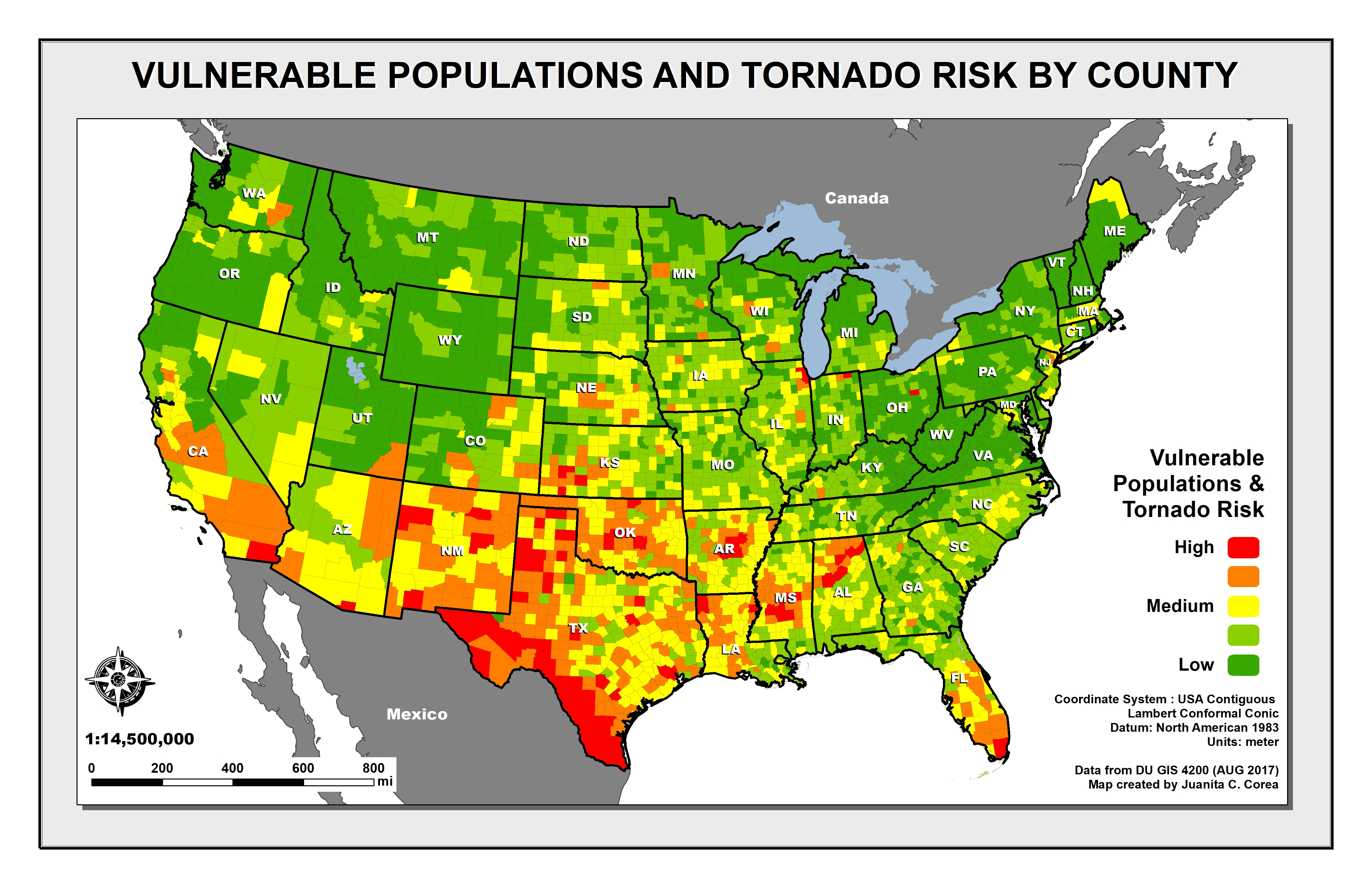 USA Vulnerable Populations and Tornado Risk by County