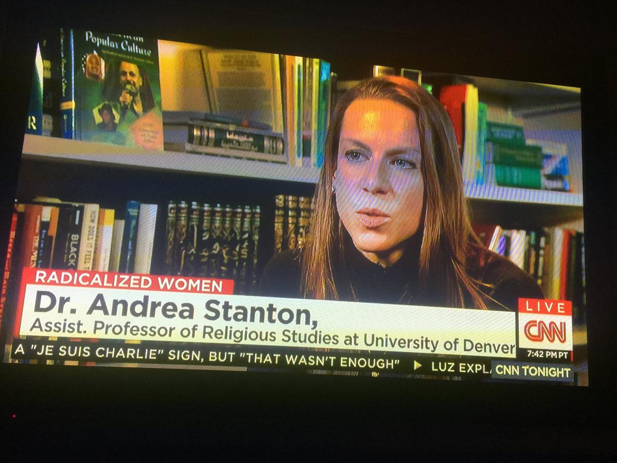 photo of Stanton speaking on CNN for a story about female Muslim converts who joined ISIS in Syria
